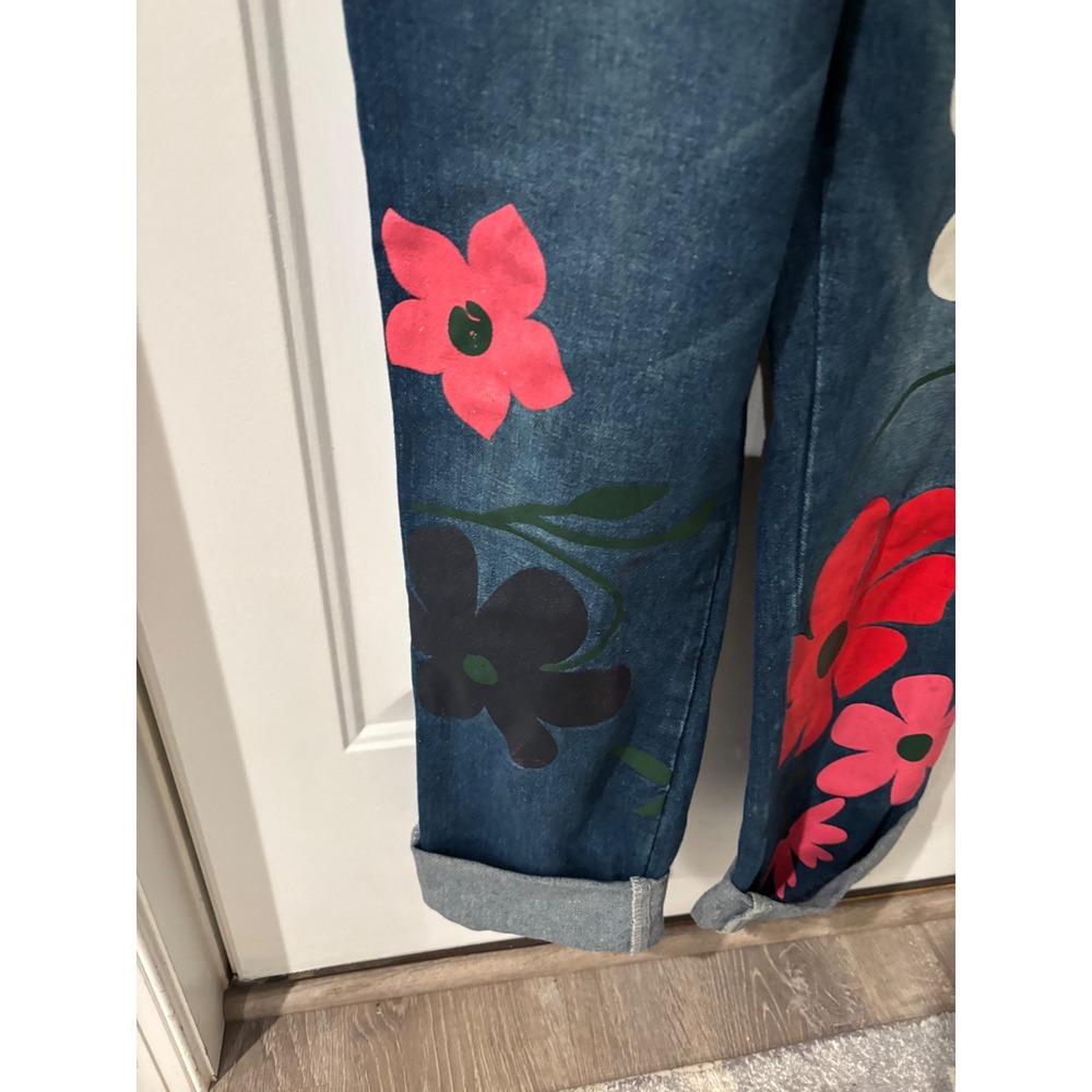 MissLook Bib Overalls Women's Denim Painted Floral Boho Wearable Art Hippie Sz S - Picture 3 of 6